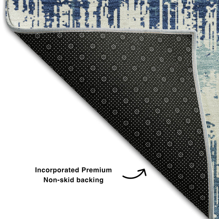10' X 14' Striped Washable Area Rug With UV Protection (679492) - Blue / Ivory / Gray