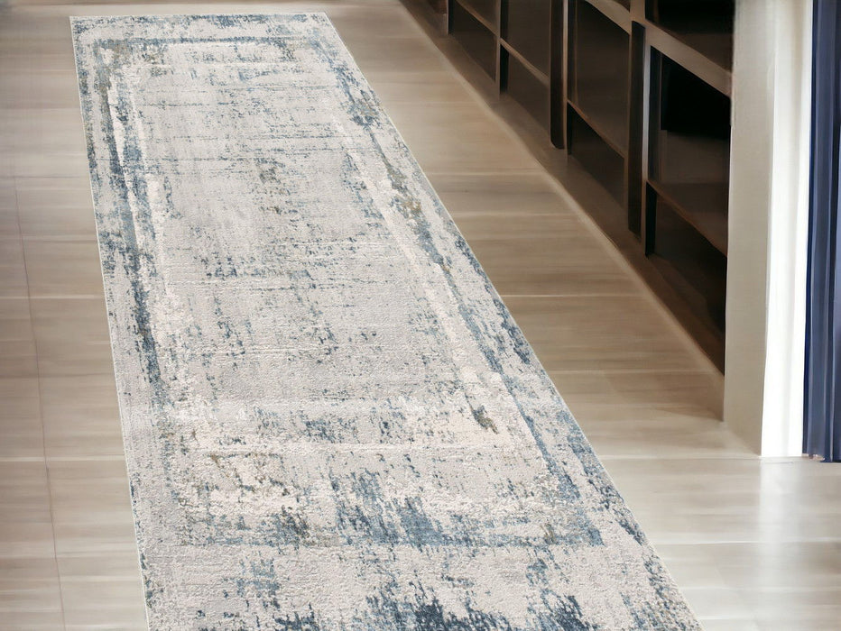 20' Runner Abstract Washable Non Skid Area Rug - Blue And Gray