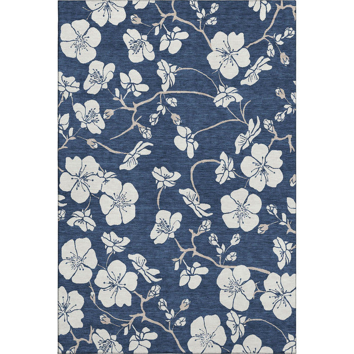 10' X 14' Floral Washable Area Rug With UV Protection (681053) - Navy Blue / Ivory