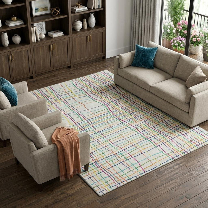 10' X 14' Striped Washable Area Rug With UV Protection (678610) - White / Yellow / Green / Pink