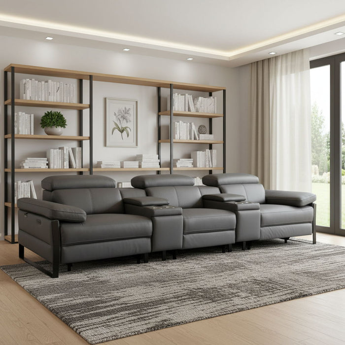 Top Grain Leather Reclining Metal USB Sofa (720340) - Dark Gray