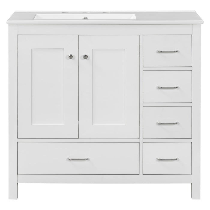 Giga bathroom vanity with ceramic sink, storage cabinet, two soft-close doors, and five drawers, stylish and functional for modern bathrooms.