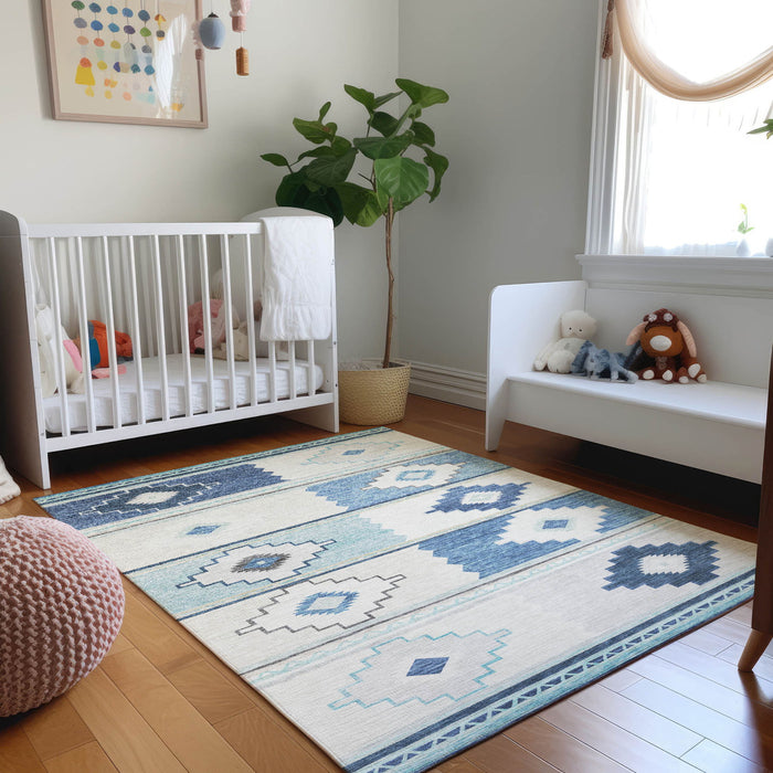 10' X 14' Southwest Geometric Washable Area Rug With UV Protection - Blue And Ivory