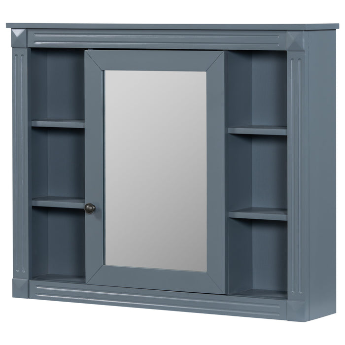 Giga wall-mounted bathroom medicine cabinet with mirror, 6 open shelves, and adjustable interior storage.