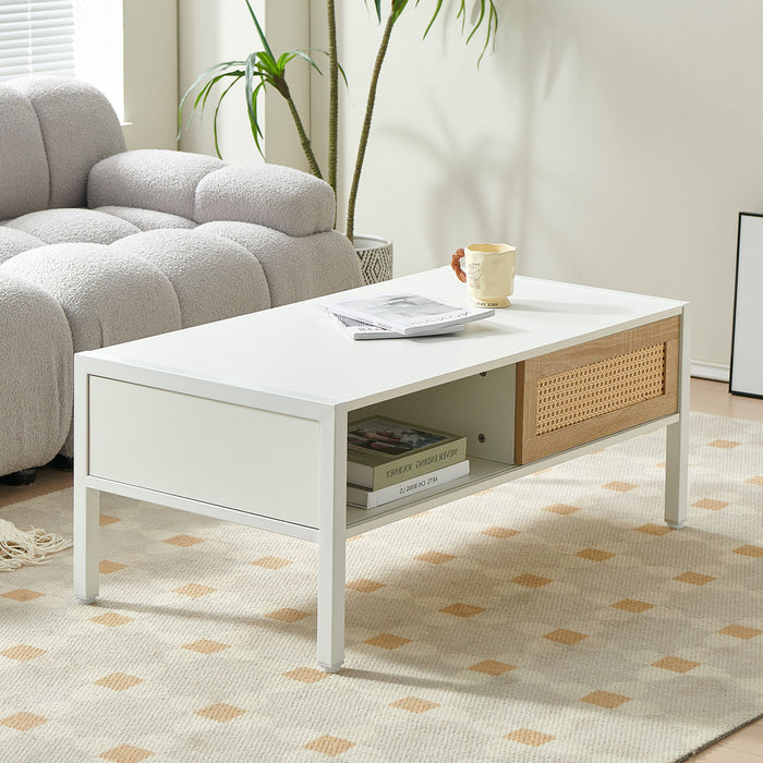 Giga 40.16-inch rattan coffee table with sliding door, metal legs, modern design, ideal for living room storage.