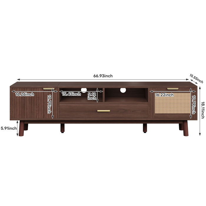 Dark brown Giga TV stand for 75-inch TVs with soft closing doors, accents, and a drop-down cabinet, stylish and functional.