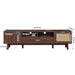 Dark brown Giga TV stand for 75-inch TVs with soft closing doors, accents, and a drop-down cabinet, stylish and functional.