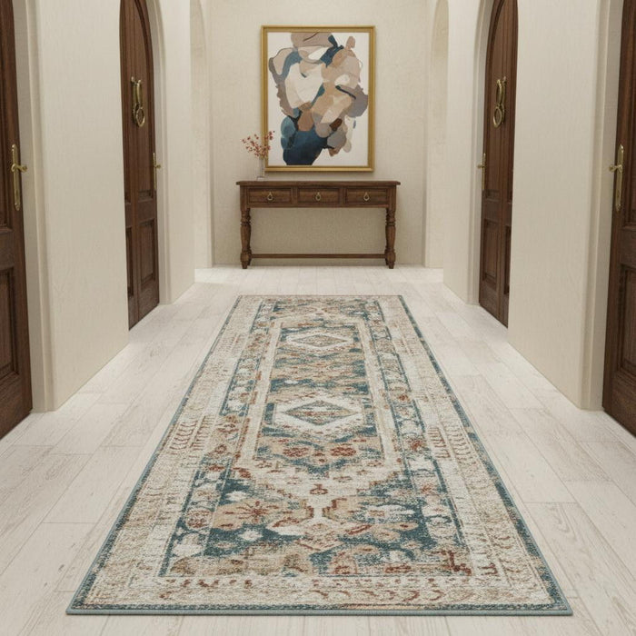 10' Oriental Non Skid Runner Rug (553013) - Ivory / Green / Orange