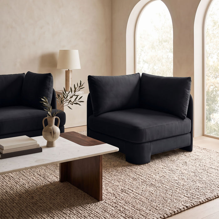 Velvet upholstered corner chair by Meridian Furniture, stationary corner seat with plush fabric and modern design.