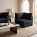 Velvet upholstered corner chair by Meridian Furniture, stationary corner seat with plush fabric and modern design.
