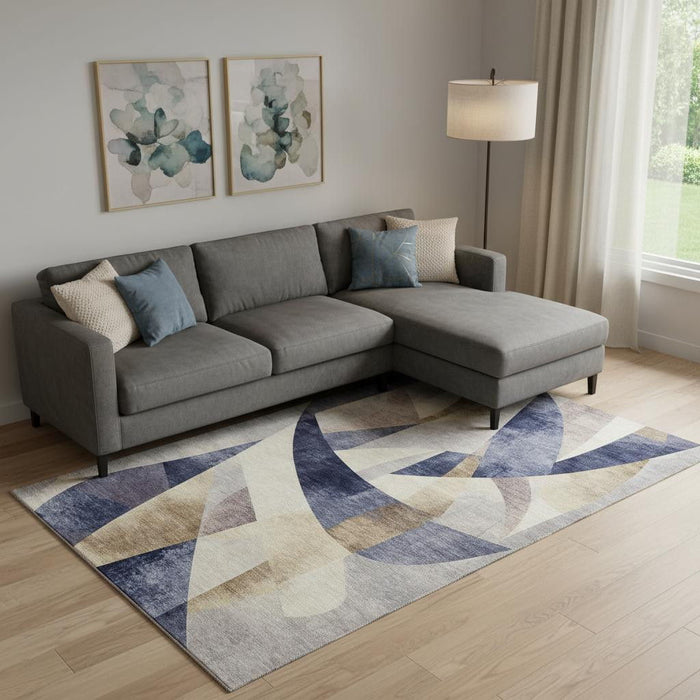 10' X 14' Abstract Geometric Washable Area Rug With UV Protection (705263) - Navy Blue / Ivory / Brown