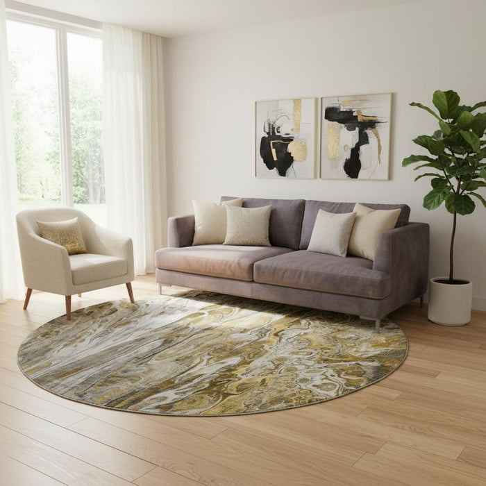8' Abstract Washable Round Rug With UV Protection (650923) - Brown / Gray / Ivory