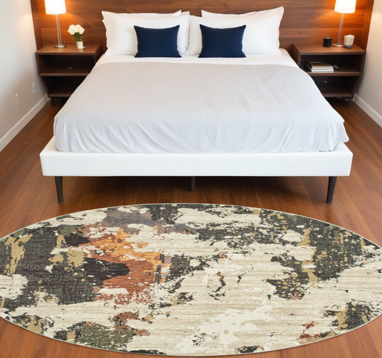 8' Round Power Loom Area Rug - Beige And Black