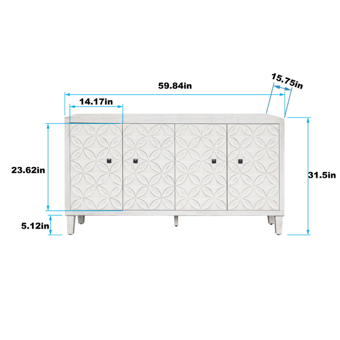 White wash Giga accent sideboard with four doors, wooden storage cabinet for living room, entryway, or dining room.