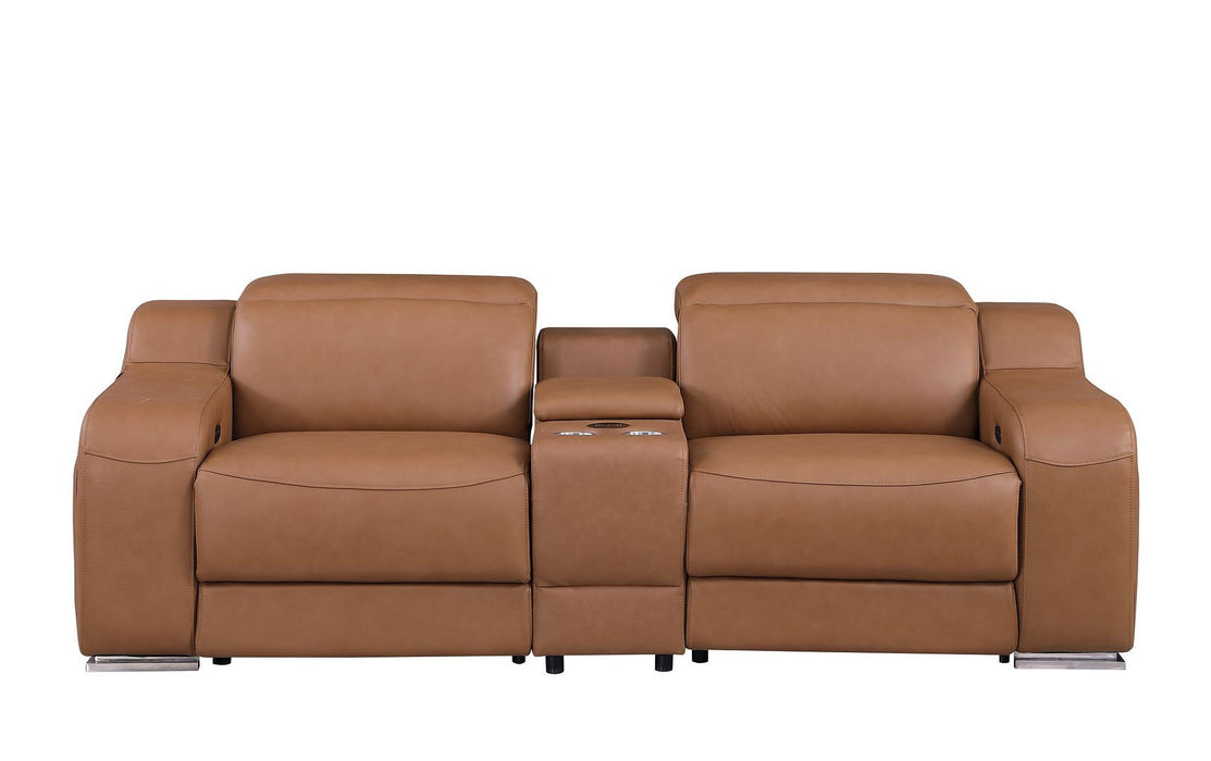 Italian Leather Power Reclining Loveseat With Storage (633759) - Cognac / Silver