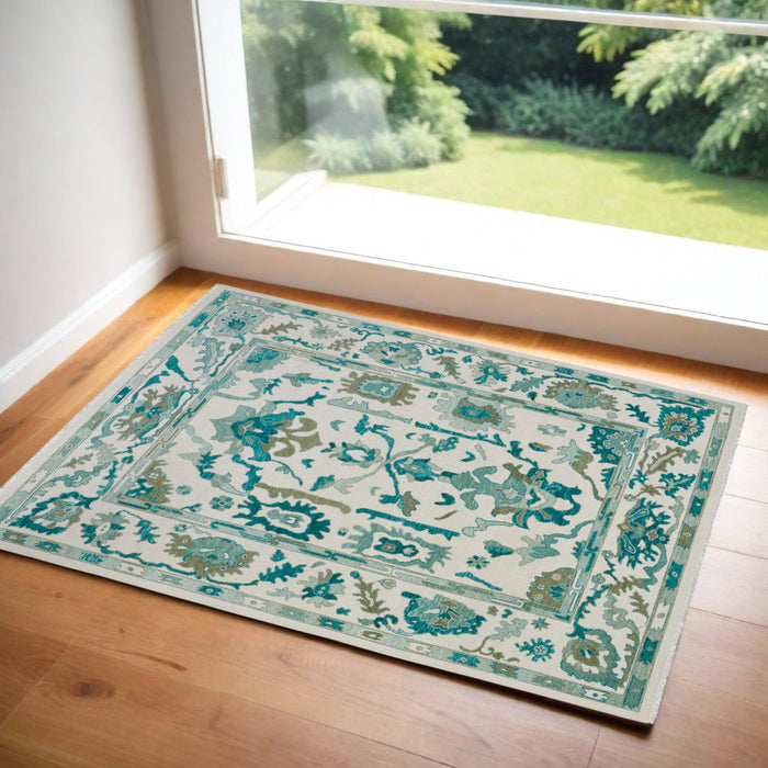 9' X 13' Wool Floral Hand Knotted Area Rug With Fringe - Green And Ivory