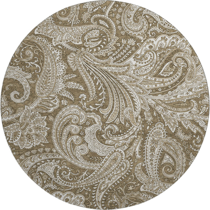 8' Paisley Washable Round Rug With UV Protection (654647) - Chocolate / Ivory