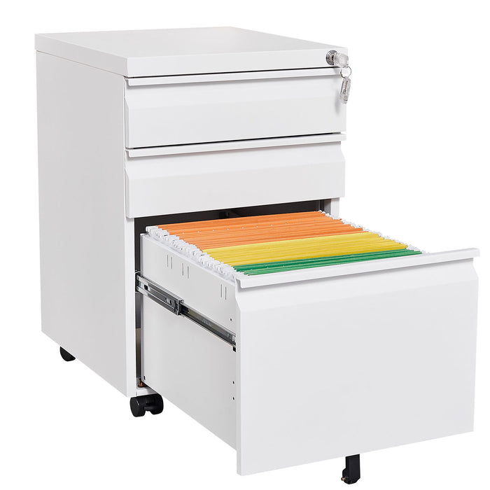 Giga contemporary metal filing cabinet with three drawers, lockable office storage for legal and letter size documents.