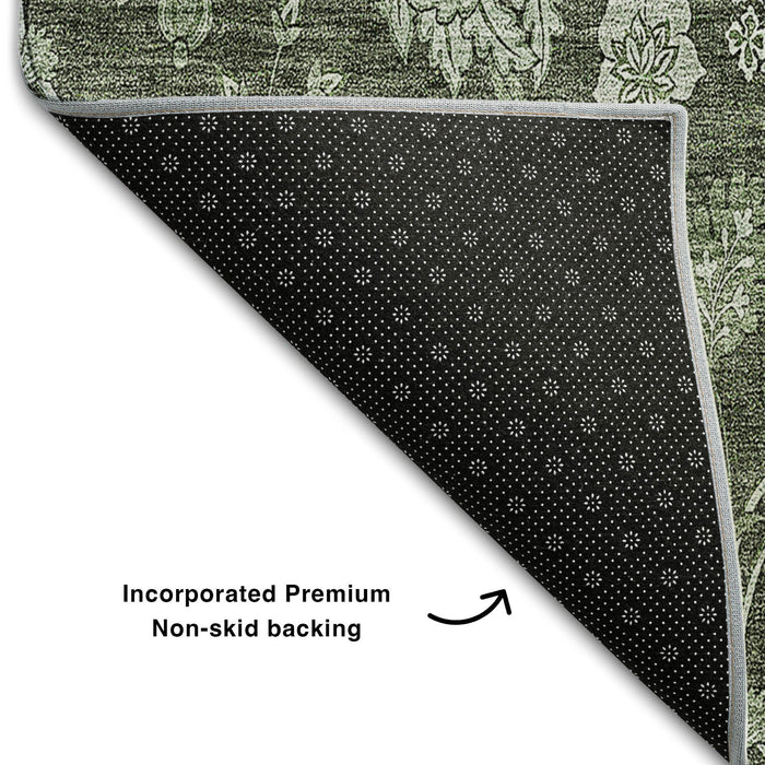 10' X 14' Floral Washable Area Rug With UV Protection (655932) - Olive Green / Gray