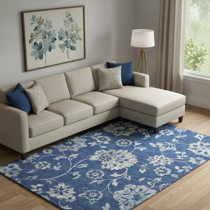 10' X 14' Floral Washable Area Rug With UV Protection (667927) - Navy Blue / Silver