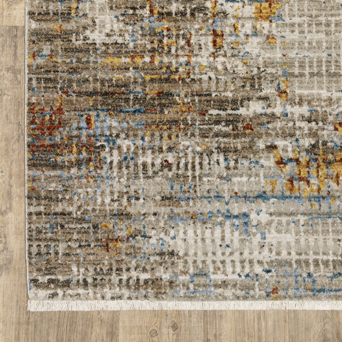 10' x 13' Abstract Power Loom Stain Resistant Area Rug With Fringe - Beige Gray Brown Gold Red And Blue