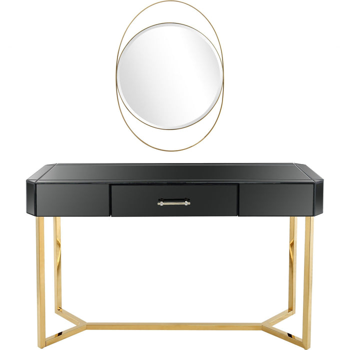 Mirrored Glass Frame Console Table And Drawers - Black And Gold