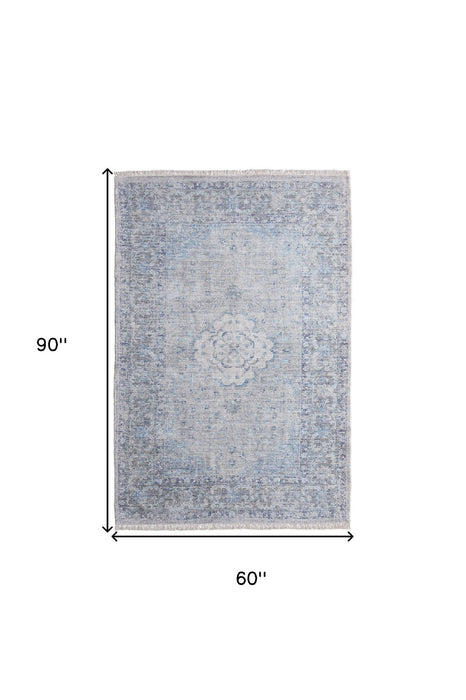 5' X 8' Bohemian Oriental Hand Woven Distressed Area Rug With Fringe - Gray