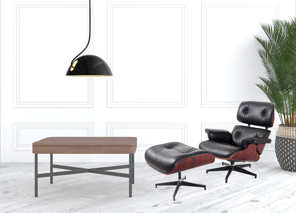 Black tufted leather swivel lounge chair with matching dark brown ottoman, HomeRoots stationary chair and ottoman set, 35 inches