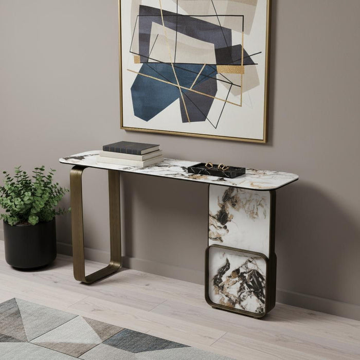 Ceramic Tile Metal Double Pedestal Console Table - White / Bronze
