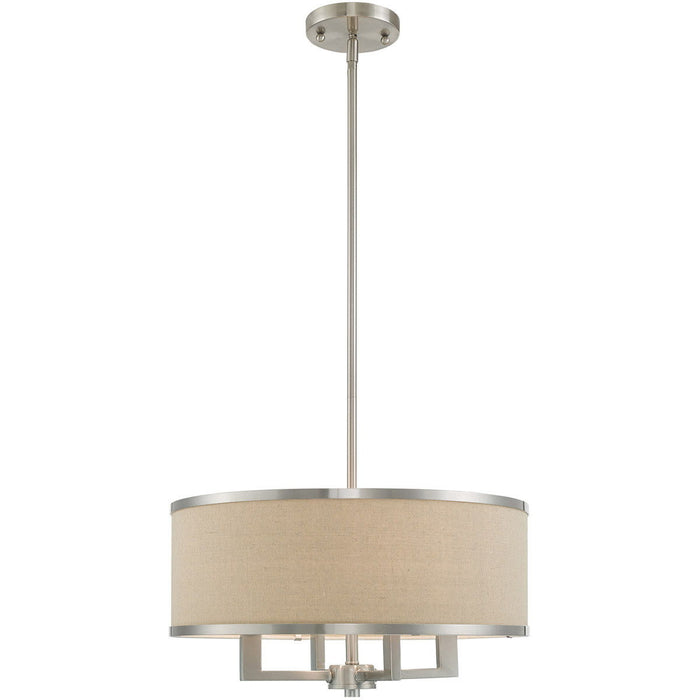Four light metal chandelier with shades in nickel and ash gray, featuring a modern design and dimmable lighting.