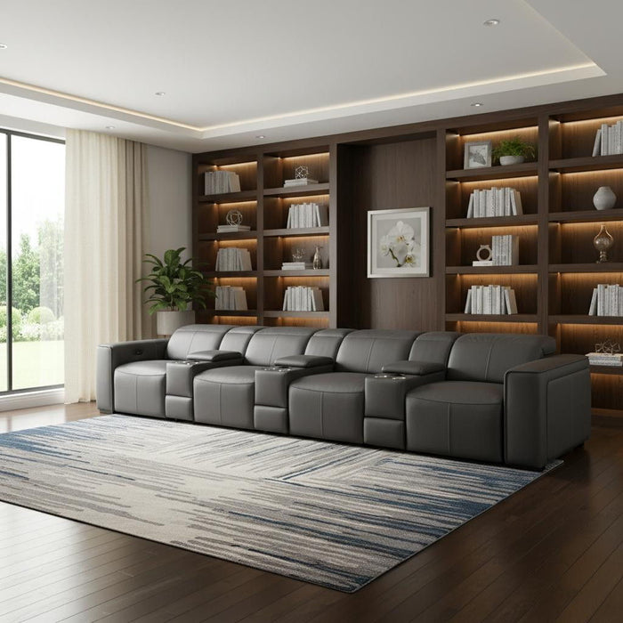Top Grain Leather Reclining Metal USB Sofa (720423) - Dark Gray