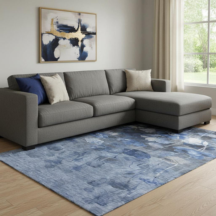 10' X 14' Floral Washable Area Rug With UV Protection (651268) - Blue / Ivory / Gray