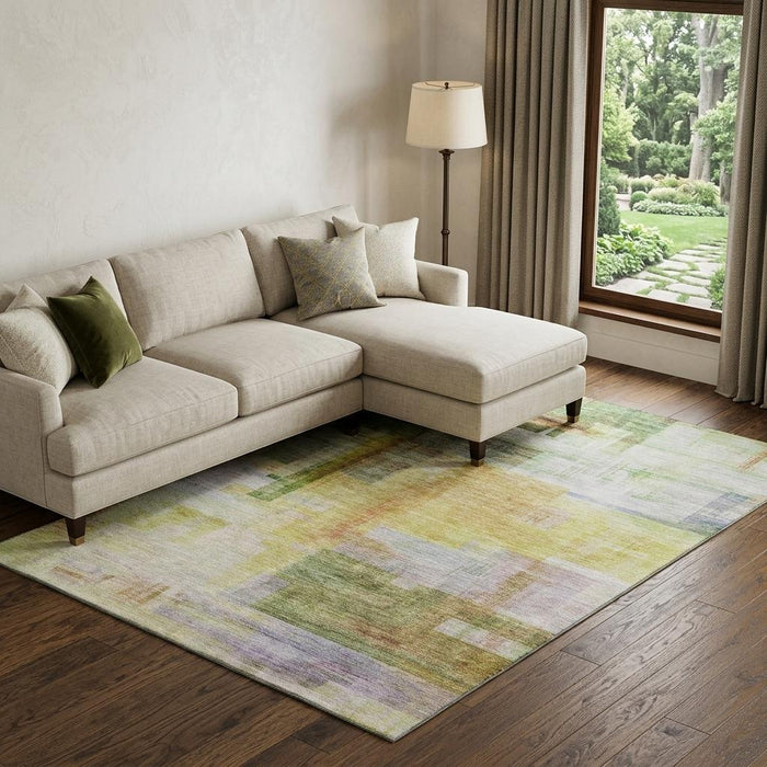 10' X 14' Abstract Geometric Washable Area Rug With UV Protection (683500) - Green / Ivory / Gold / Purple