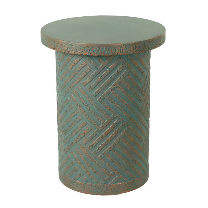 Giga round outdoor end table with tree stump design in golden, green, and peacock colors, ideal for patio decor.