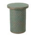 Giga round outdoor end table with tree stump design in golden, green, and peacock colors, ideal for patio decor.