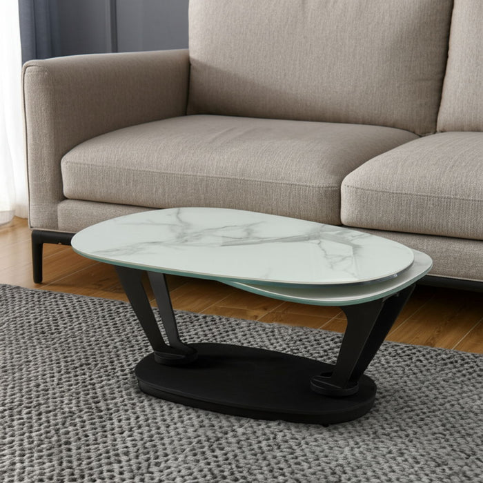HomeRoots 36-inch faux marble and metal oval coffee table with white and black finish, modern living room furniture piece