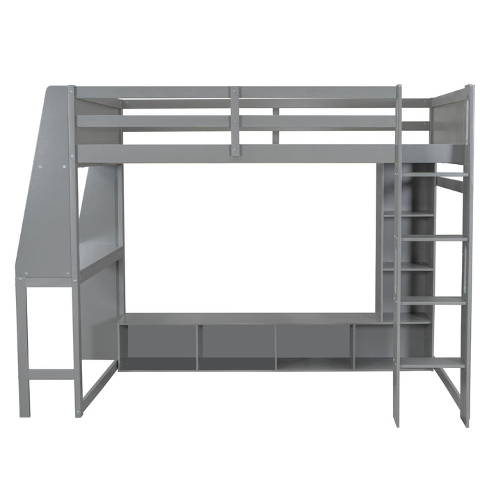 Gray Giga full size gaming loft bed with desk, storage shelves, LED lighting, and hanging clothes rack in a modern bedroom setup.