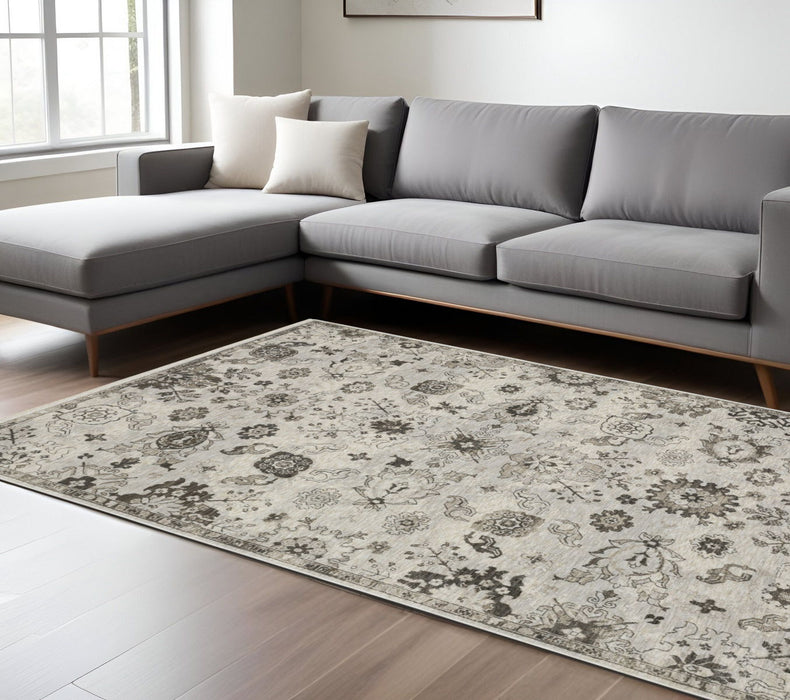 7' X 10' Oriental Area Rug With Fringe - Ivory And Gray