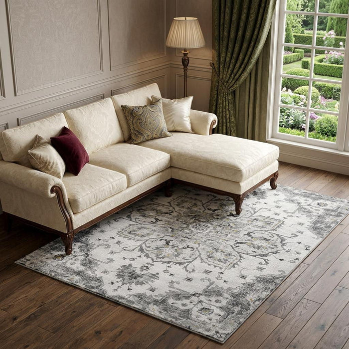 10' X 14' Floral Medallion Distressed Washable Area Rug With UV Protection (644532) - Light Gray / Ivory / Gold