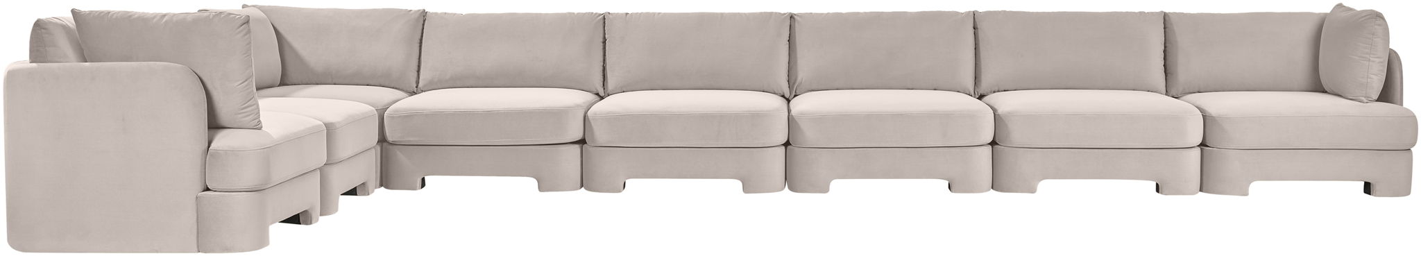 Meridian Furniture Hammond velvet performance fabric 8-piece L-shaped sectional sofa, stationary design with plush upholstery.