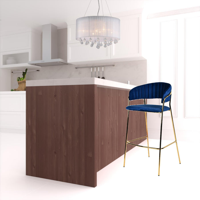 Set of two dark blue and gold steel low back bar height chairs from HomeRoots, with modern design and sturdy metal frames.