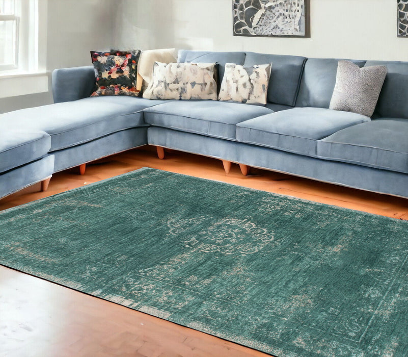 9' x 12' Medallion Non Skid Area Rug - Green And Gray