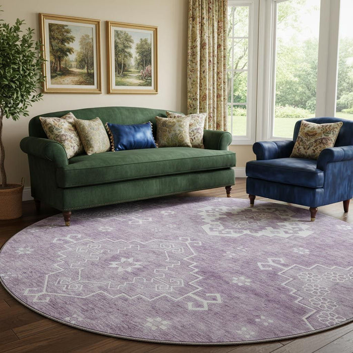 8' Medallion Washable Round Rug With UV Protection (667417) - Lavender / Ivory