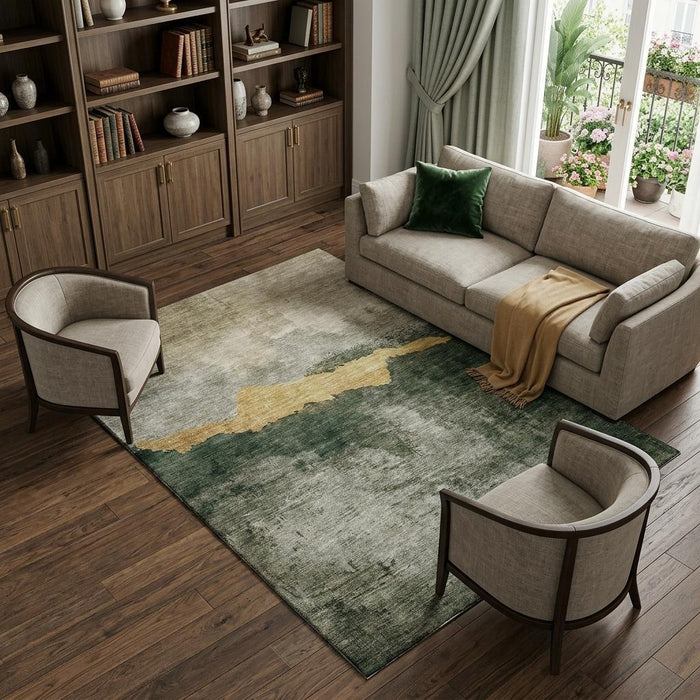 10' X 14' Abstract Washable Area Rug With UV Protection (683572) - Fern Green / Gold