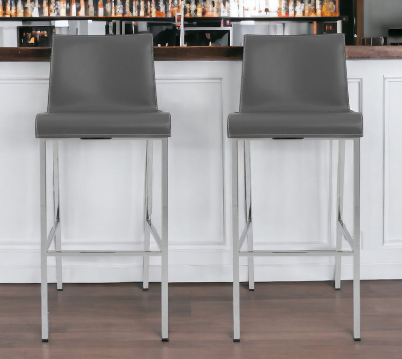 Set of 2 gray and silver 31-inch steel low back bar height chairs, ideal for bar or counter seating, by HomeRoots.