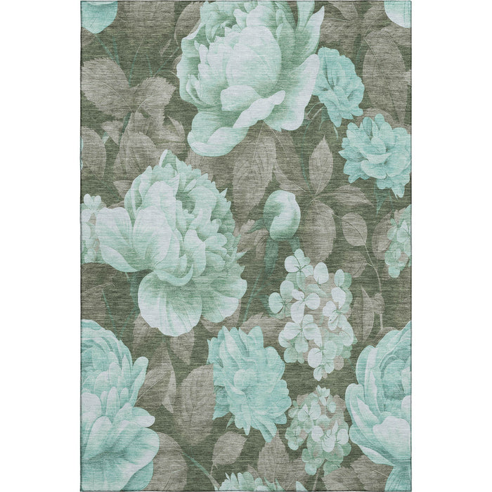 10' X 14' Floral Washable Area Rug With UV Protection (694454) - Pale Aqua / Brown