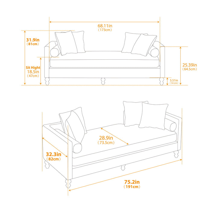 Upholstered Chaise Lounge Indoor With Nailheads, Sleeper Sofa Couch With 4 Throw Pillows & 2 Bolsters, Daybed With Rubberwood Legs