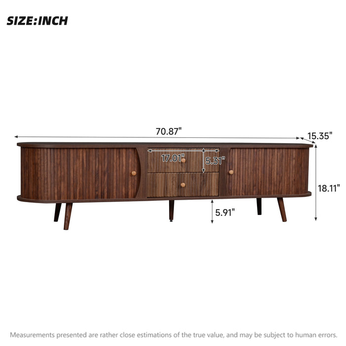 Giga 70-inch dark brown TV stand with tambour doors and fluted drawers, modern furniture for entertainment storage.