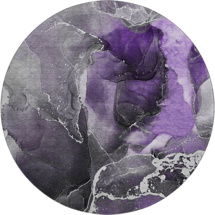 8' Abstract Washable Round Rug With UV Protection (646695) - Purple / Charcoal