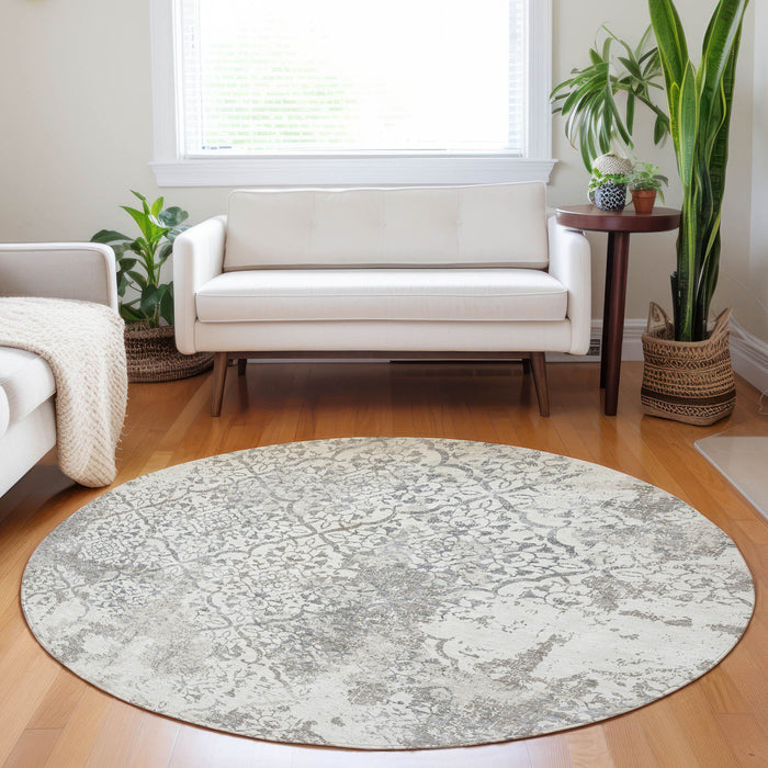 8' Abstract Washable Round Rug With UV Protection - Ivory And Gray